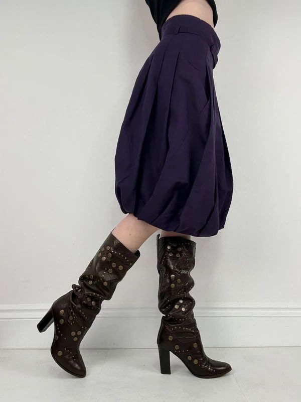 pleated puff balloon purple midi silk cotton skirt