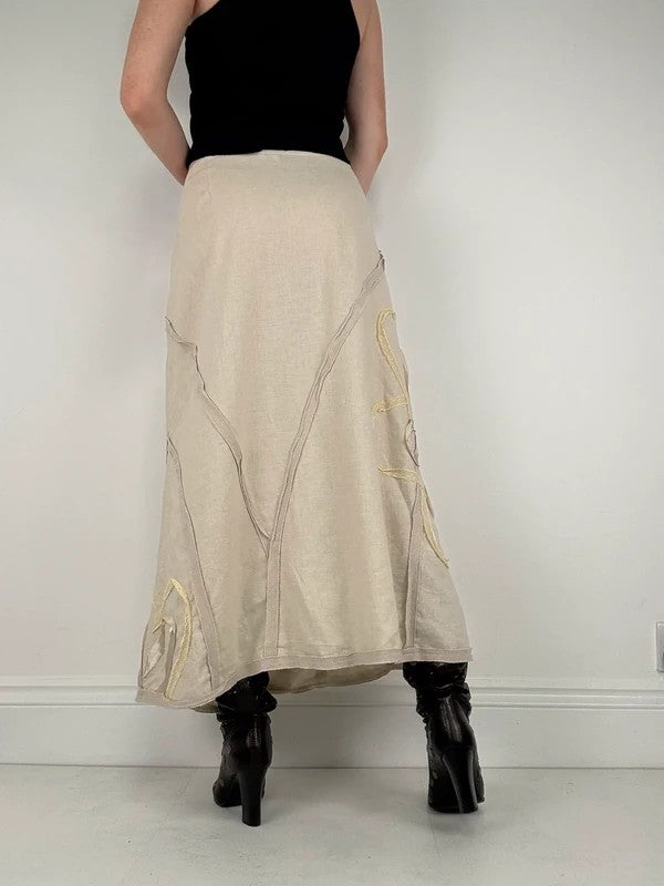 Beige linen flared flower ribbon skirt