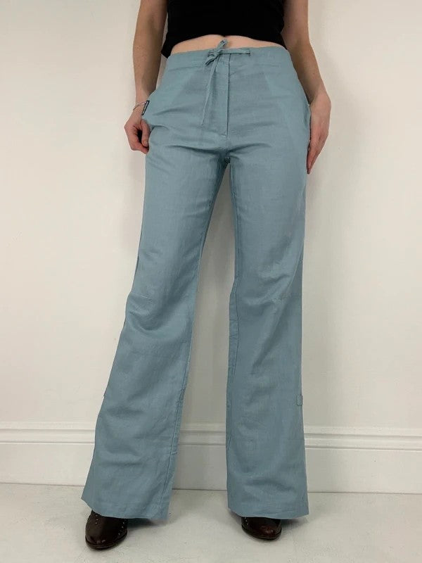 aqua blue wide leg linen trousers