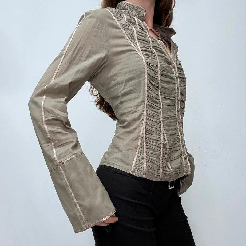 khaki gathered lace corset shirt