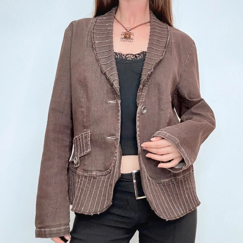 brown flared distressed pinstriped stitched jacket