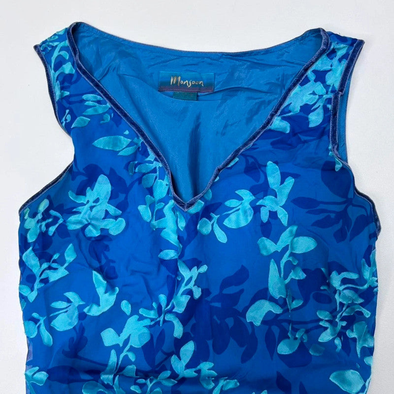 blue floral embossed silk bias cut dress