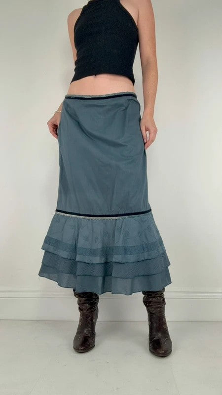 Blue cotton lace tiered maxi skirt