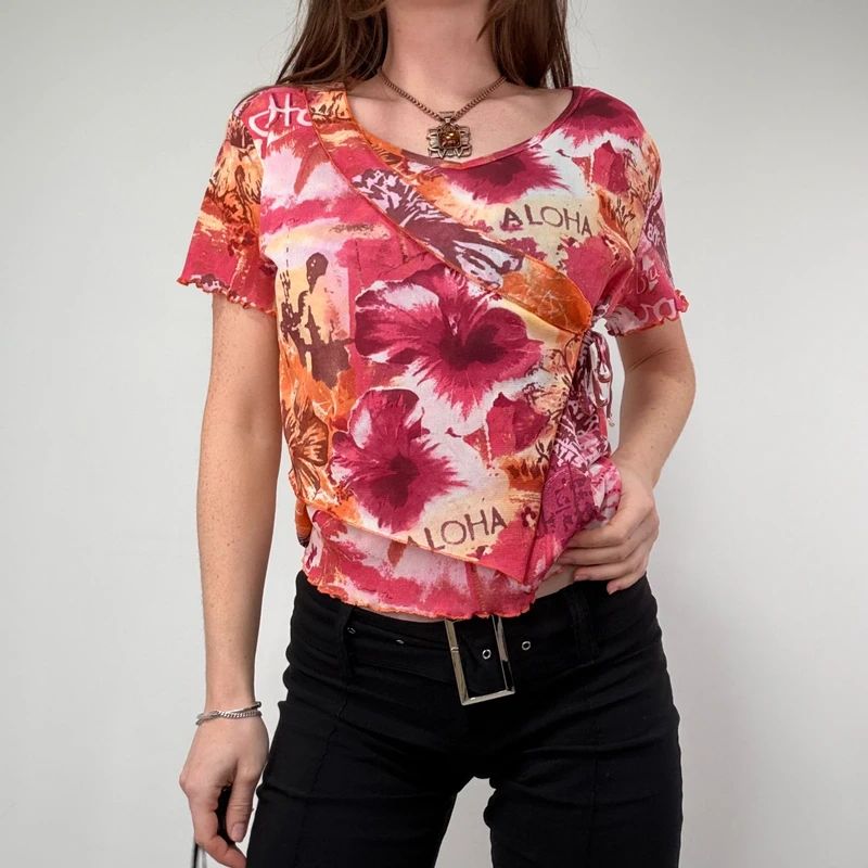 pink hawaiian floral graphic printed mesh top