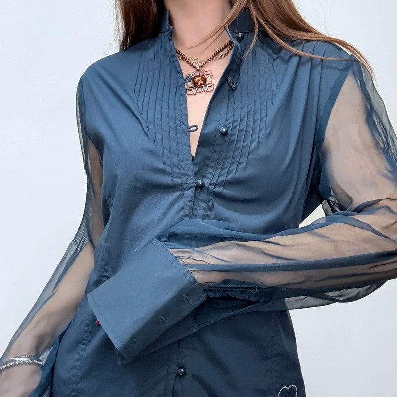 navy fitted shirt sheer puff sleeves