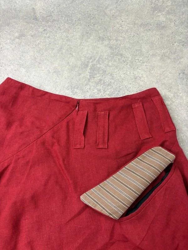 red linen bias cut asymmetric maxi skirt