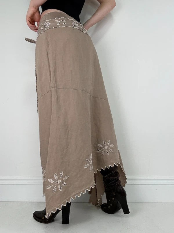 Beige linen boho western asymmetrical flared maxi skirt