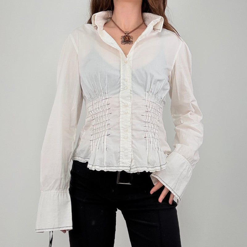 white cinched pleated flared shirt