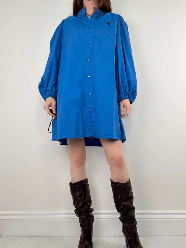 Blue cotton button puff midi shirt dress