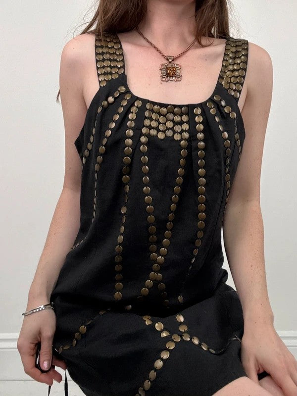 black linen metal gold studded mini Y2K party dress