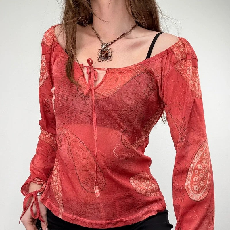 sheer paisley slouchy off-the-shoulder mesh blouse