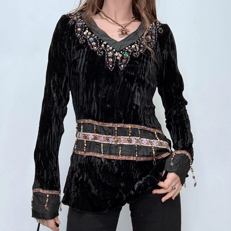 black crinkle velvet boho flare top