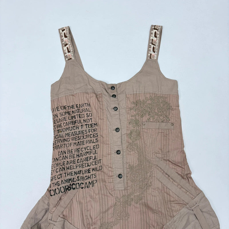 brown flared pinstriped patchwork grunge dress