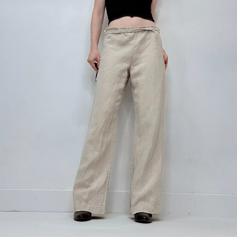 tan 100% linen wide leg flared trousers