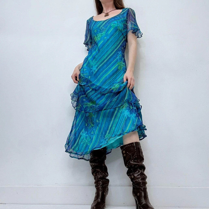 blue layered pinstripe ruffle dress