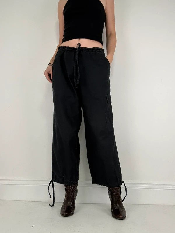 navy drawstring linen low rise trousers