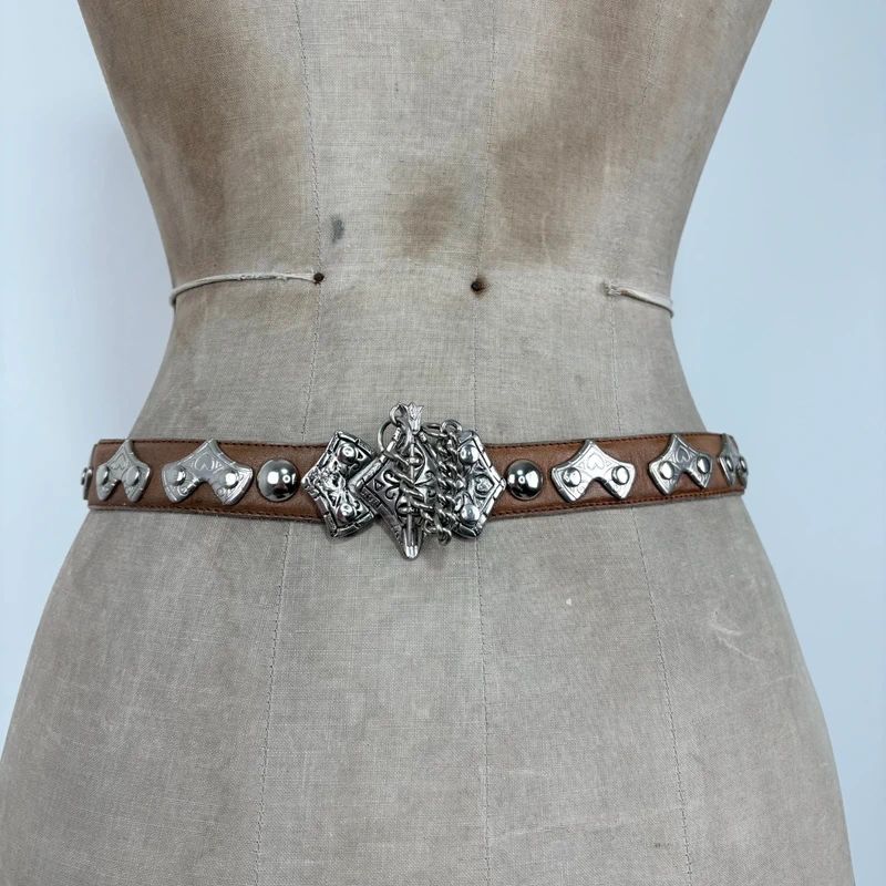 silver metal western leather belt