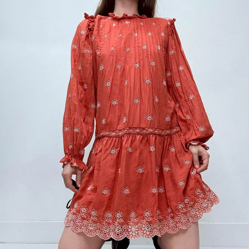 orange boho embroidered puff boho dress