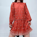 orange boho embroidered puff boho dress