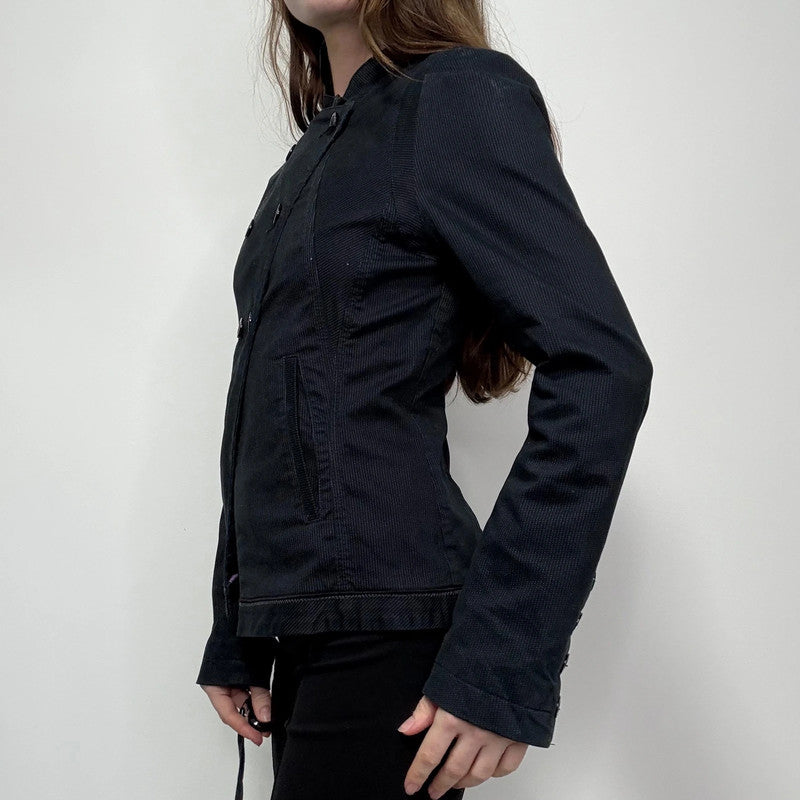 navy pinstripe fitted asymmetric jacket