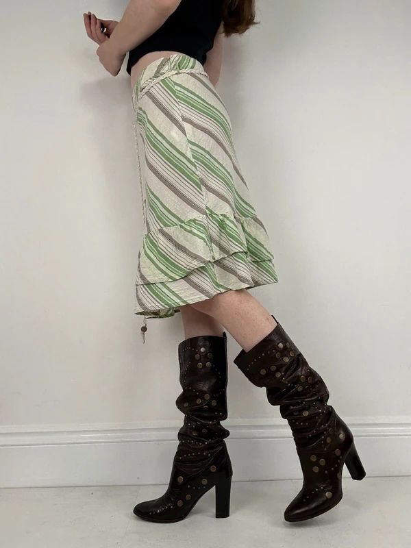 Pinstripe ruffle boho Y2K midi skirt