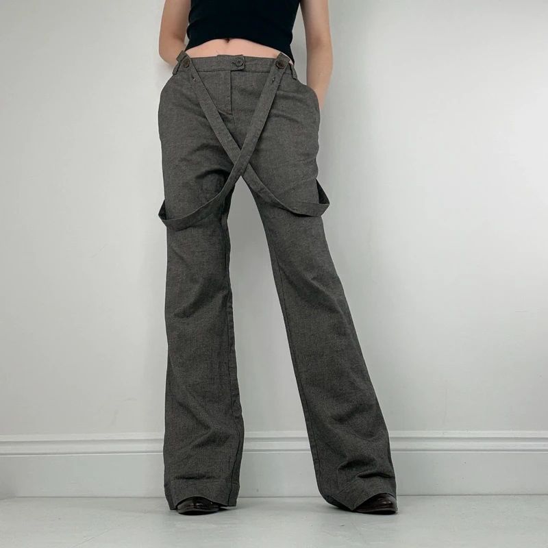 grey suspender flared suit trousers