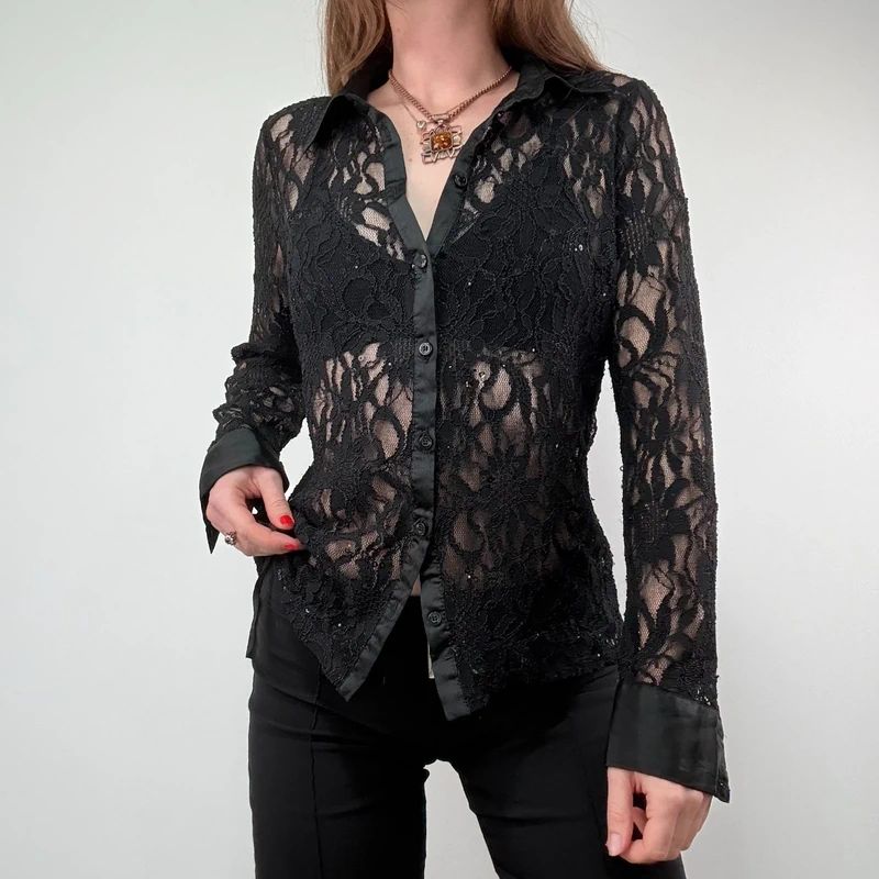 Sheer black Lace Flared Shirt