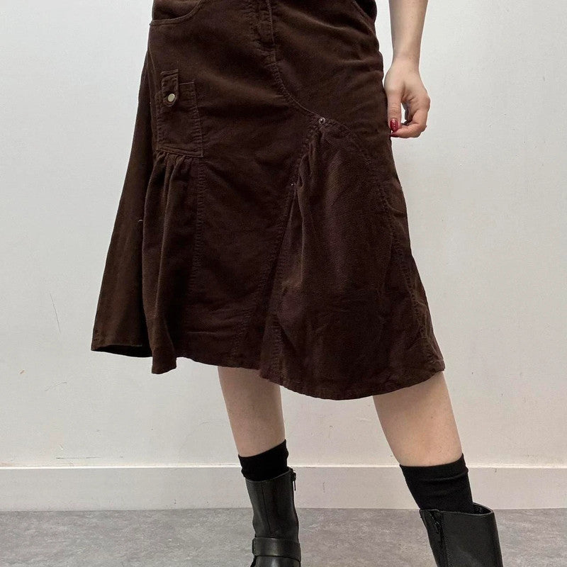 brown cord cargo midi skirt