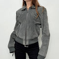 grey suede cropped puff bomber jacket