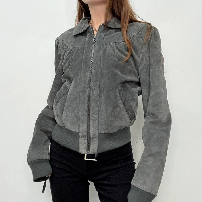 grey suede cropped puff bomber jacket