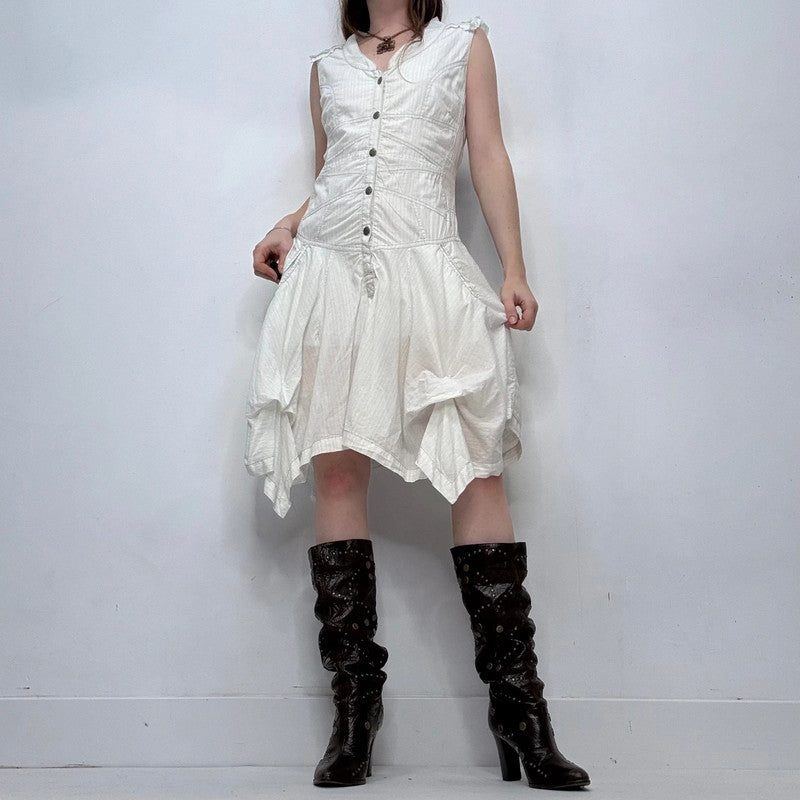 white pinstripe draped ruffle dress