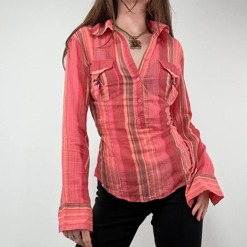 Pinstripe Sheer Flared cotton Cargo Shirt