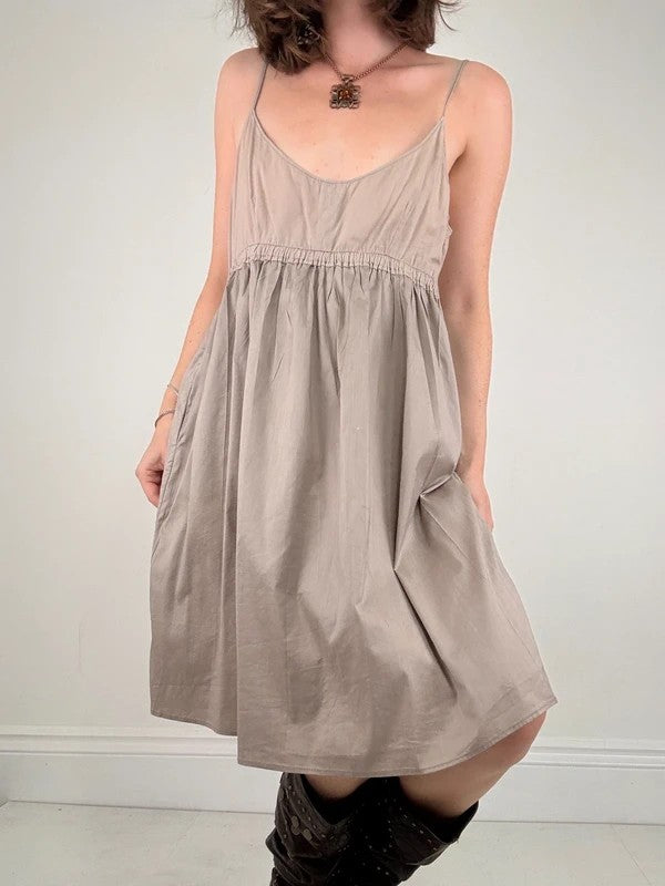 brown cotton pleated flared french midi dress