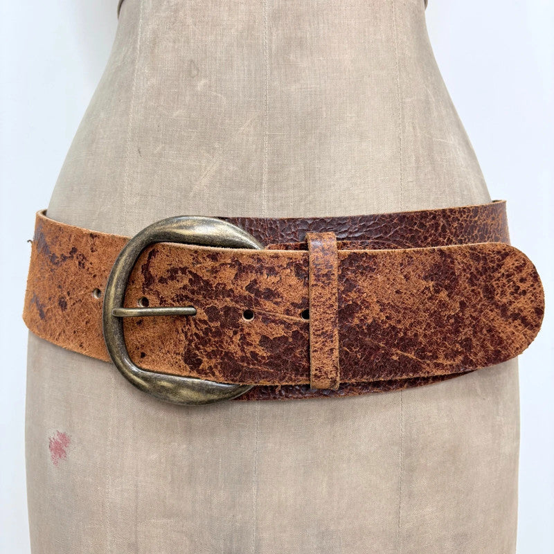 Distressed brown leather oversized thick belt