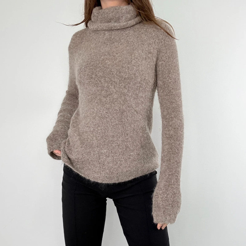 brown taupe fluffy knit mock neck