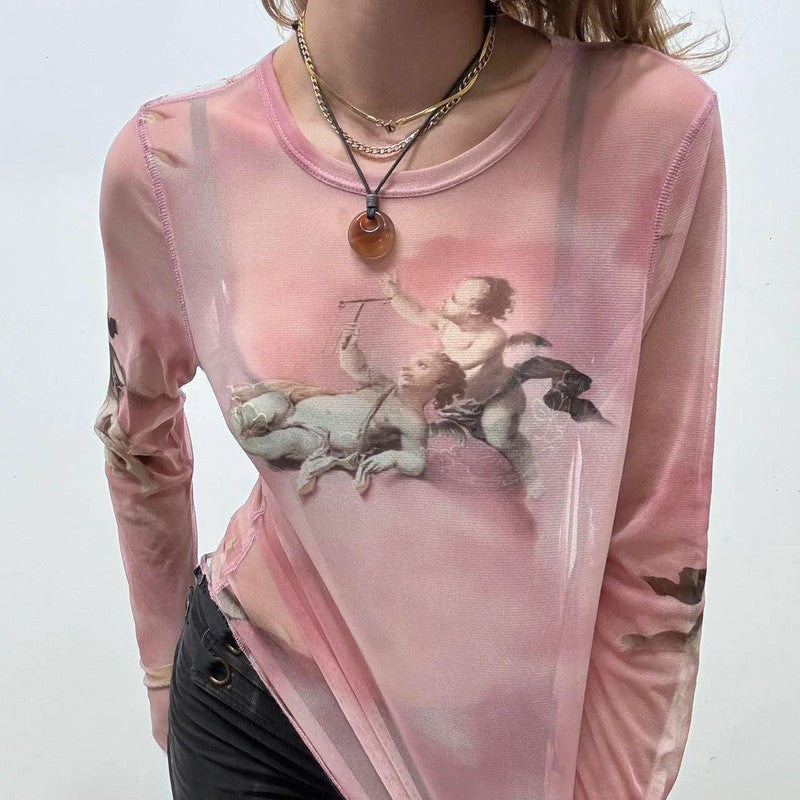 sheer pink graphic print angel t-shirt