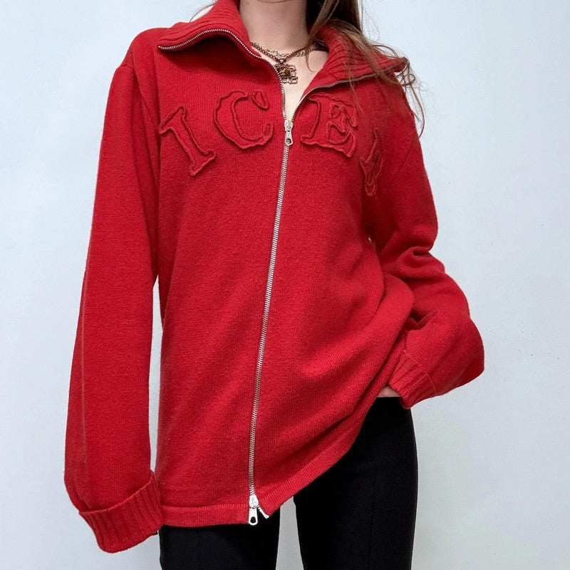 red slouchy zip-up wool jumper