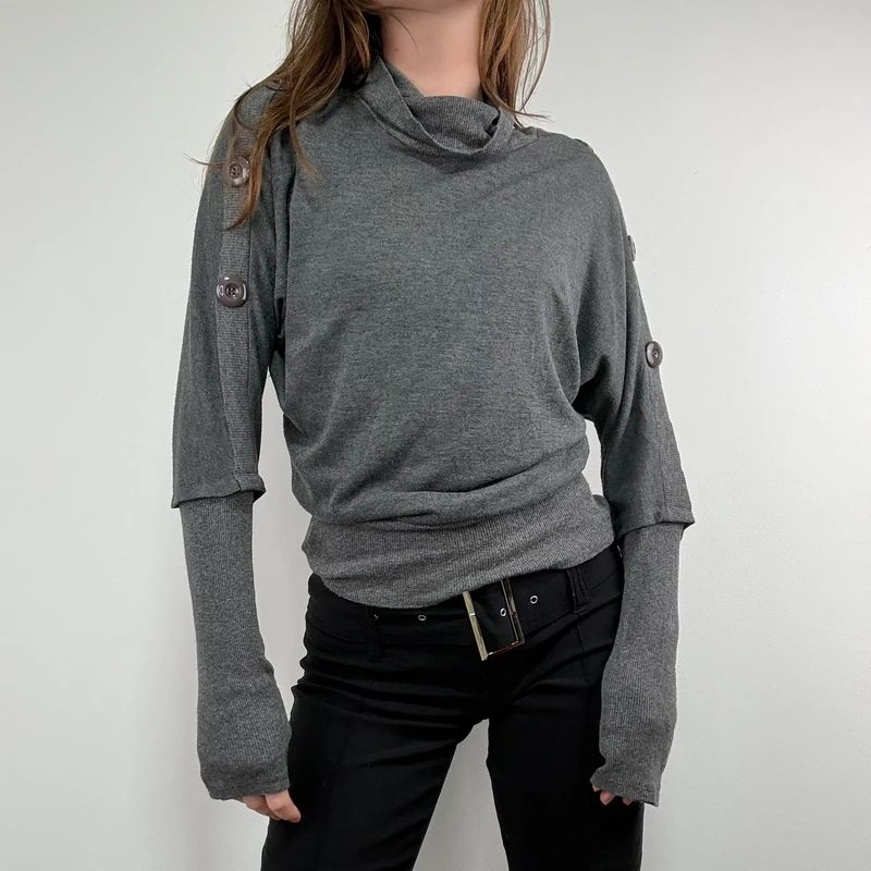 grey slouchy knit ribbed fitted jumper with button details