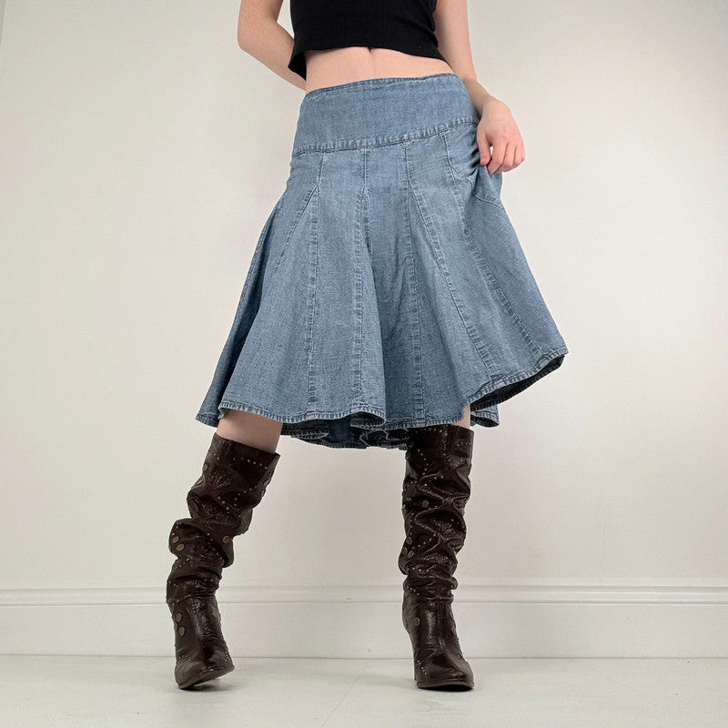 flared denim panelled midi skirt