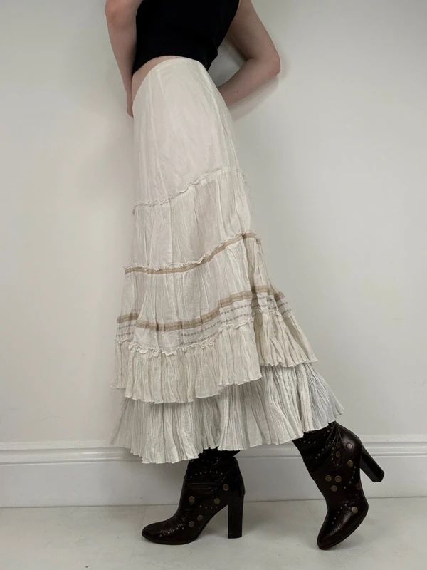 white pleated flared boho fairy maxi skirt
