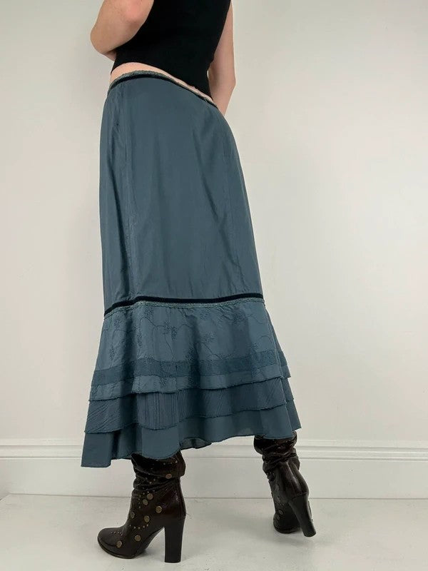 Blue cotton lace tiered maxi skirt