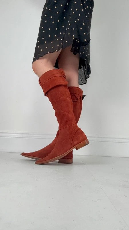 Pointed toe burnt orange suede buckle 70s boots