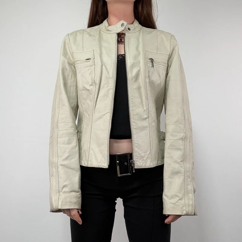 Cream Cropped Leather Biker Jacket