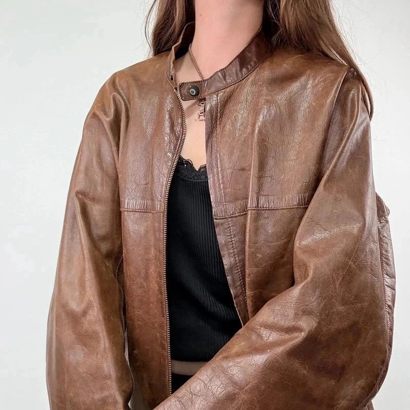 Brown Oversized Leather Bomber Jacket