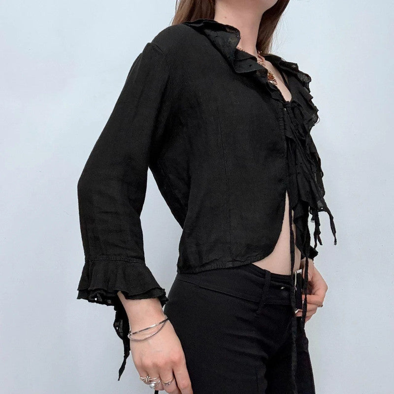 black ruffle linen flared tie up ruffle shirt