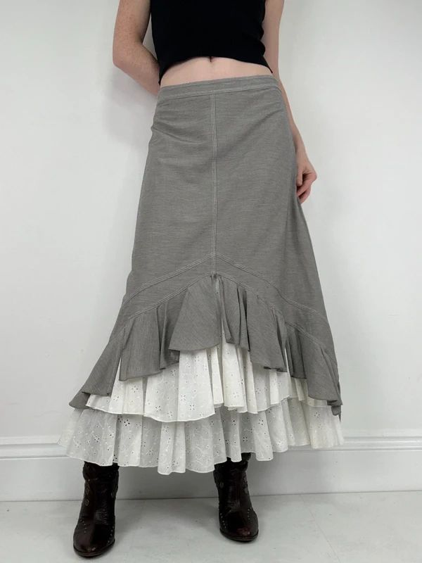 Pleated flared layered ruffle maxi skirt