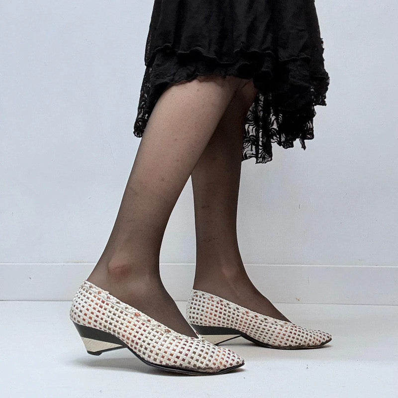 woven white leather ballet pumps