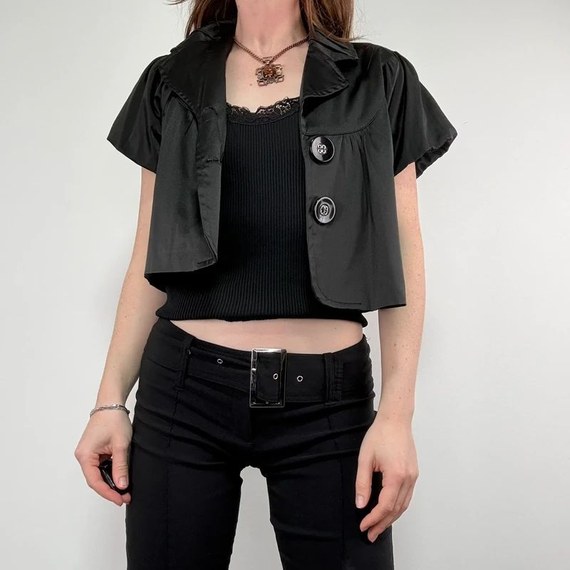black satin cropped capped sleeve mini jacket