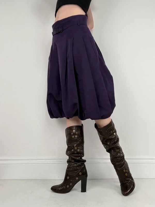 pleated puff balloon purple midi silk cotton skirt