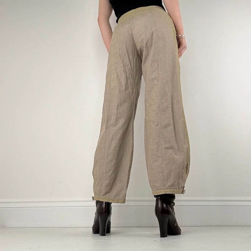 brown pinstripe pleated hem puff cotton trousers